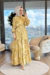 MRW1248 Desenli Önden Düğmeli Elbise Ekru Sarı