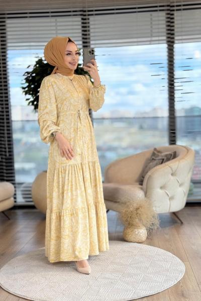 MRW1249 Desenli Elbise Ekru Sarı