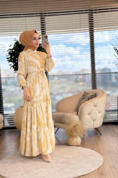 MRW1250 Desenli Elbise Ekru Sarı