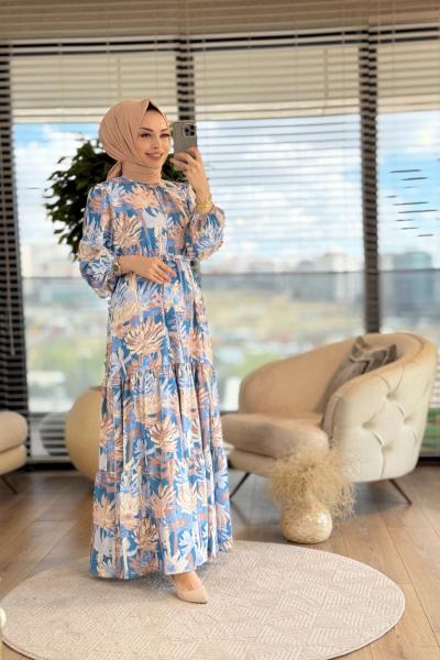 MRW1269 Yaprak Desen Elbise İndigo