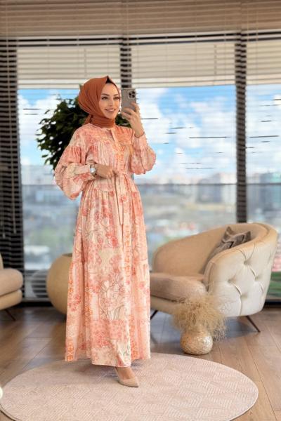 MRW1375 Fas Pano Desenli Elbise Kiremit