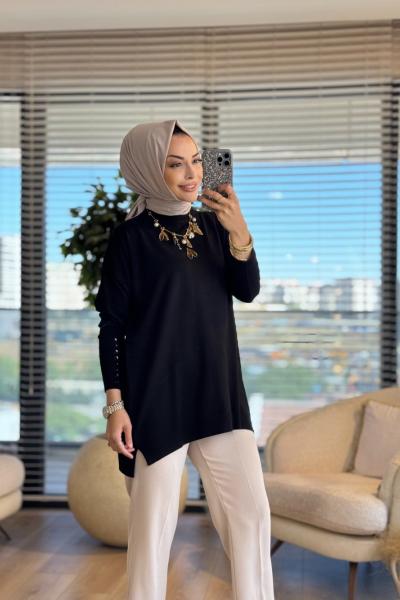 MRW1503 Basic Düğme Triko Tunik Siyah