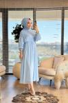 PR5708 Şifon Üstü Lastik Büzgülü Elbise Mavi