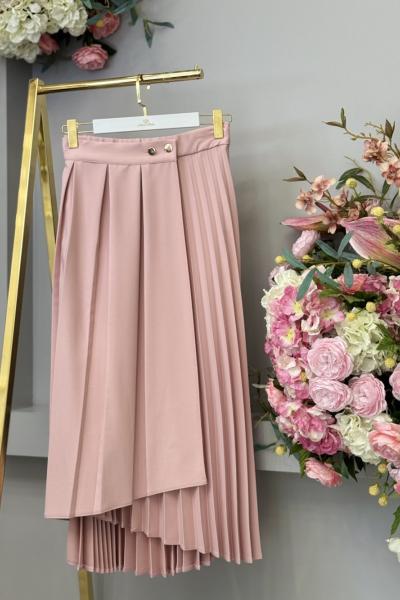 S5653 Plisoley Detaylı Gold Düğmeli Etek Pembe