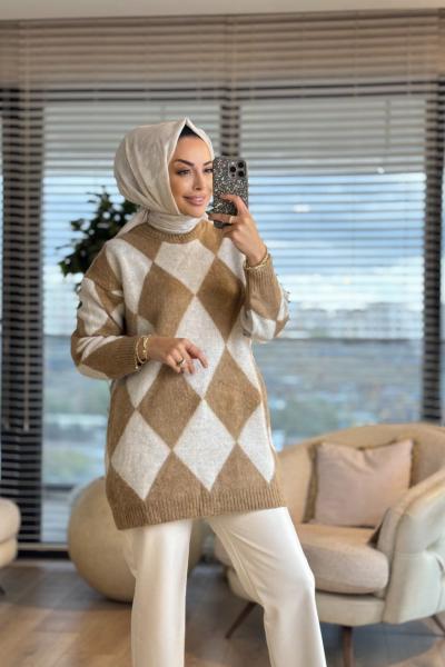 T8698 Baklava Desenli Triko Tunik Latte