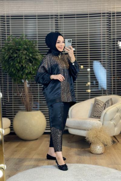 W58102 Ön Çift Düğmeli Boncuk İşlemeli Hırka Siyah