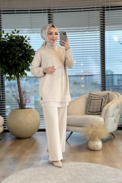 W5909 Yakası Triko Şifon Detaylı Takım Taş