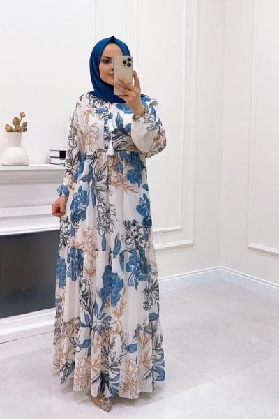 ELBİSE ŞİFON MANOLYA Mavi Ekru