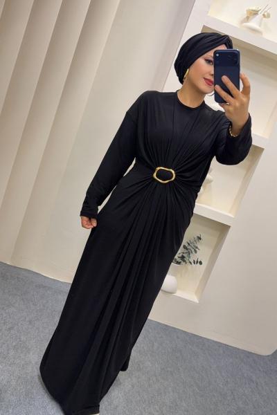 Sandy Büzgülü Linda Elbise  Siyah