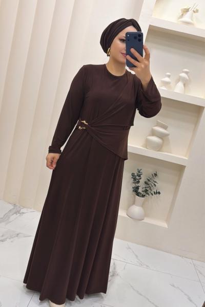 Sandy Büzgülü Ayben Elbise Kahverengi