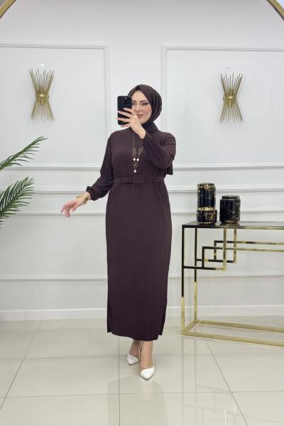 NAZLI PİLİSELİ ELBİSE-ACI KAHVE