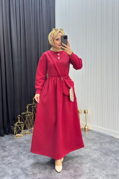 Çantalı Elbise Bordo Bordo
