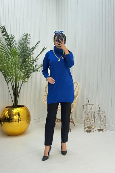 Ceylin Tesettür Triko Tunik Saks Mavisi Taş