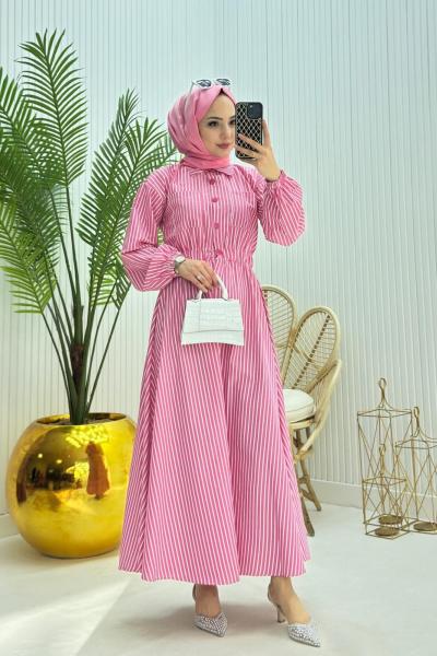 Çizgili Tesettür Elbise  Pembe