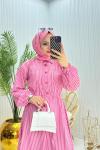 Çizgili Tesettür Elbise  Pembe