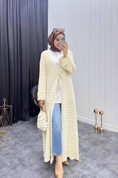 File Detay Hırka Krem Krem