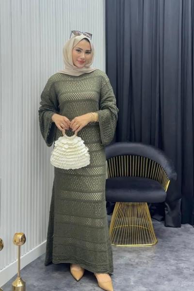 File Detay Elbise Haki Haki