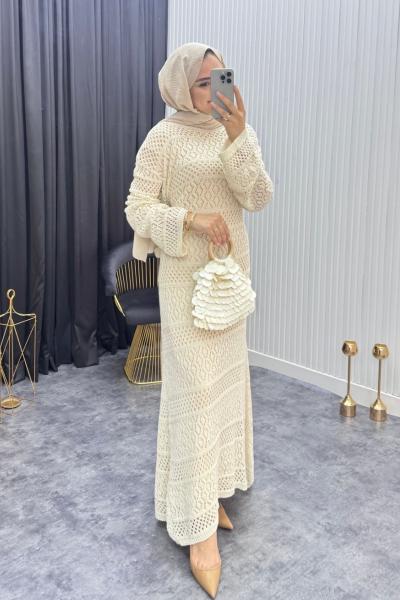 File Detay Elbise Krem Krem