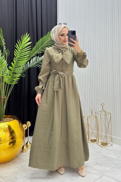 Fular Detay Elbise Haki Haki