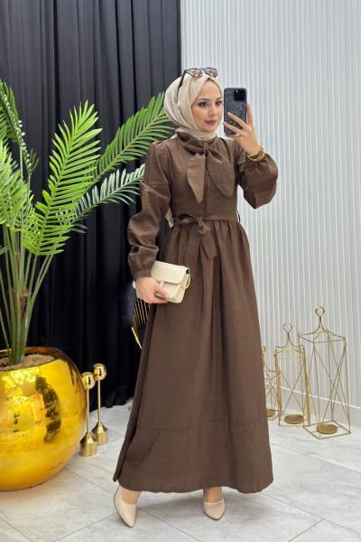 Fular Detay Elbise Kahverengi Kahverengi