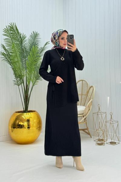 Gözde Bağlamalı Tesettür Elbise Siyah Siyah