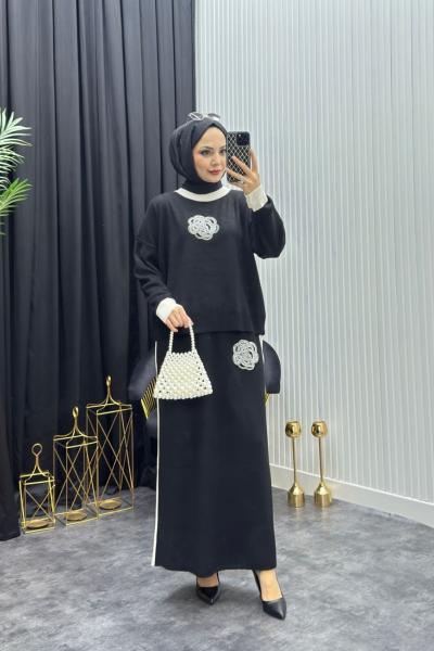 Gül Detay Takım Siyah Siyah