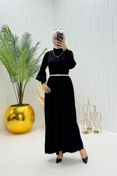 Gül Tesettür Elbise Siyah Siyah
