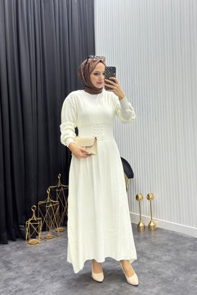 İnci Detay Elbise Kahverengi Taş