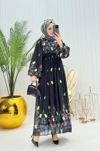 Lora Tesettür Elbise Siyah Siyah