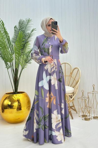 Mimoza Tesettür Elbise Lila Lila