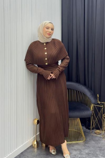 Pelerinli Elbise Kahverengi Kahverengi