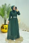 Piliseli Şifon Elbise Zümrüt  Zümrüt