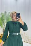 Piliseli Şifon Elbise Zümrüt  Zümrüt