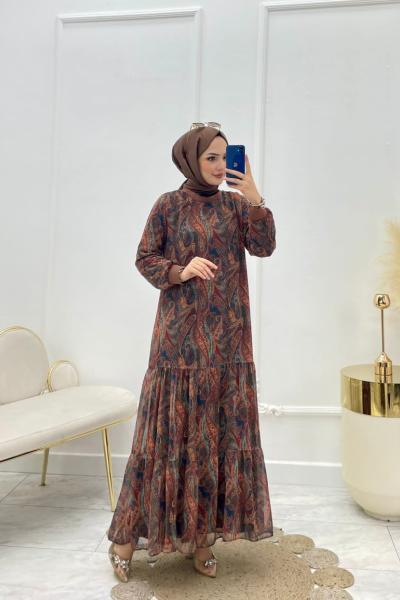 Şal Desen Tesettür Elbise Elbise Kahverengi Kahverengi