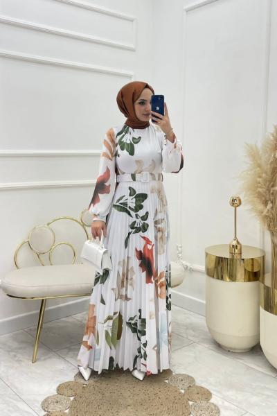 Tarçın Tesettür Elbise Beyaz Beyaz