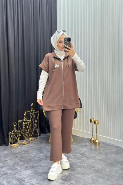 Taş Detay Yelekli Takım Kahverengi Kahverengi